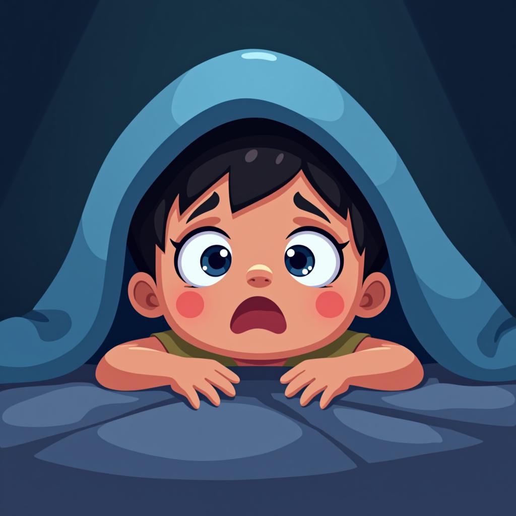  the child is lying under the blanket and is scared, cartoonish.