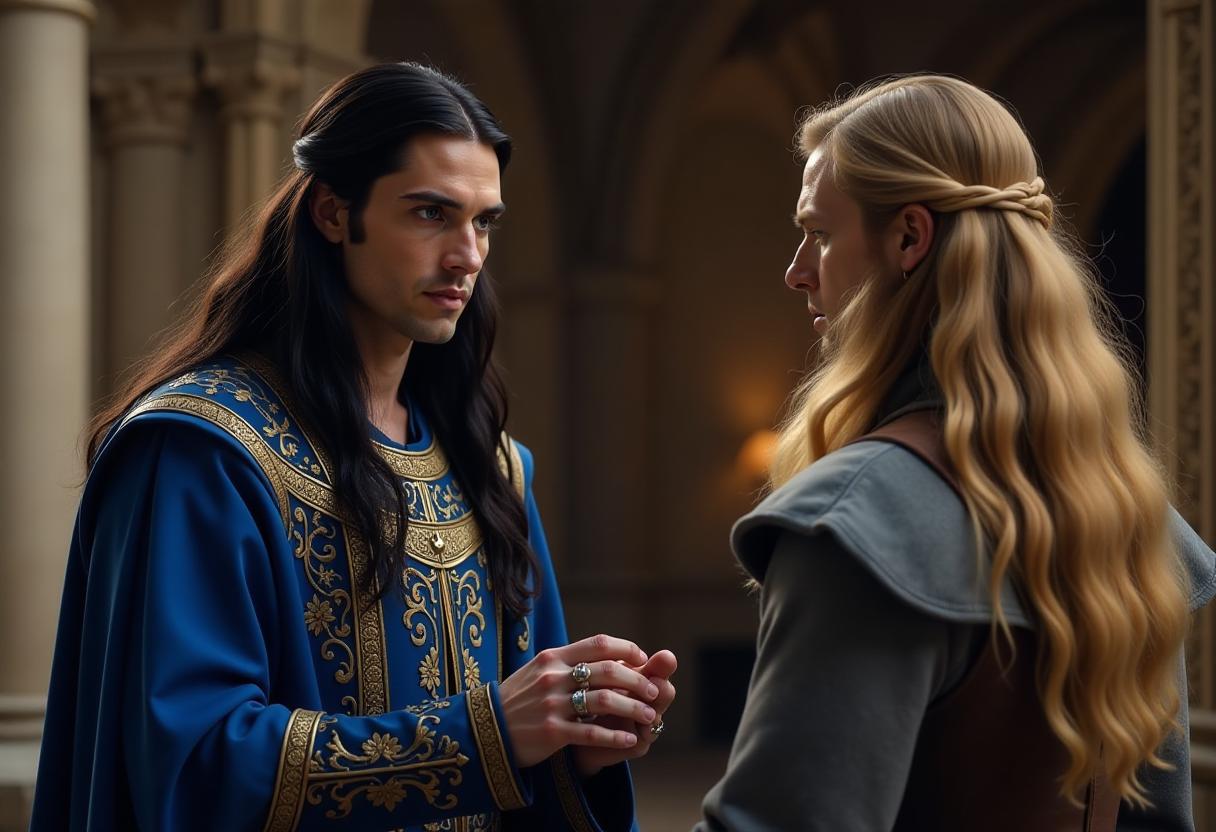  a medieval rich man looking like (jared leto:1.8) is facing a long haired blond interlocutor, who has his back to the viewer, and is explaining something to him. the man has long straight black hair and large bright blue eyes, a (clean unvegetated face:1.7) . he is wearing a rich blue medieval (closed costume:1.7). on his hands are several beautiful gemstone rings. his interlocutor is a tall, broad shouldered (man:1.0) with long (blond:1.5) hair reaching his shoulders and wearing a medieval (gray:1.5) clothes. the setting is that of a luxurious medieval hall in a mansion.