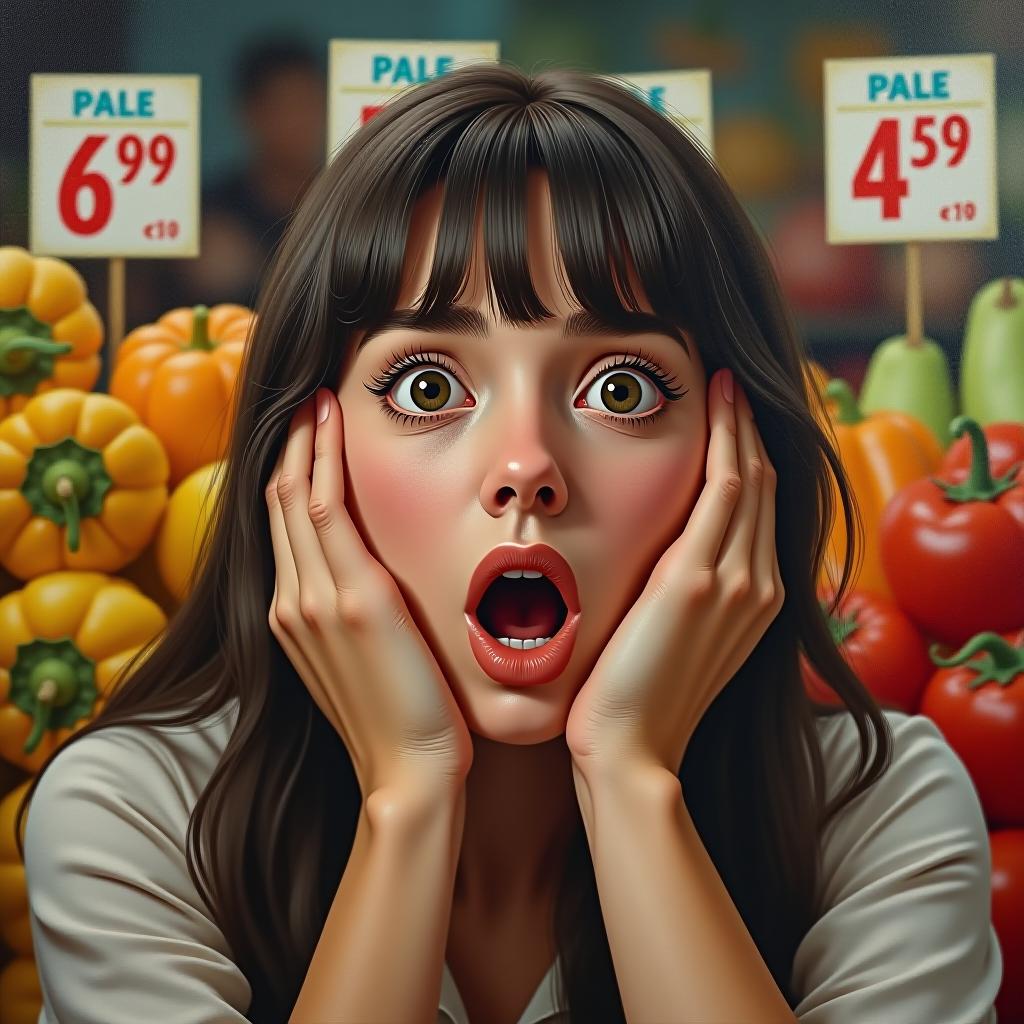  hyperrealistic art masterpiece. (painting. the girl is surprised, wide open eyes and mouth, large prices at the market. hands clasped her ears. against the background of vegetables with price tags:1.5).intense close up. highly detailed strokes, clarity. fantasy, surrealism style. pinup style:1.5) . extremely high resolution details, photographic, realism pushed to extreme, fine texture, incredibly lifelike hyperrealistic, full body, detailed clothing, highly detailed, cinematic lighting, stunningly beautiful, intricate, sharp focus, f/1. 8, 85mm, (centered image composition), (professionally color graded), ((bright soft diffused light)), volumetric fog, trending on instagram, trending on tumblr, HDR 4K, 8K