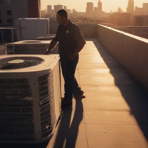 A photo of a skilled HVAC technician inspecting an air conditioning unit in a bustling urban rooftop setting during the late afternoon with warm, golden hour sunlight casting long shadows and creating a striking contrast between light and shadow.