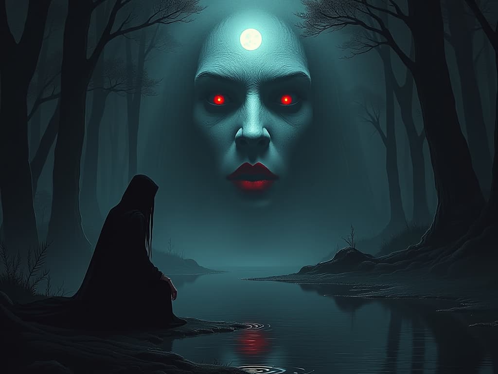  a figure, deep in contemplation, gazing at their own reflection in a pool of dark water. the reflection shows a distorted, fragmented visage. dark forest, ethereal mist, moonlight illuminating the water.. the style is dark fantasy and mysterious occult, symbolic, moody lighting, esoteric vibe,high detail on character design. for the color scheme emphasize blacks and reds.