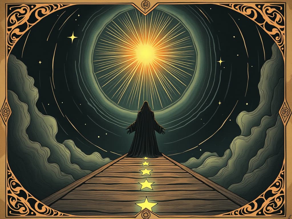  a radiant figure surrounded by swirling cosmic energies, a path of stars going forward, illuminating the journey, clarity and direction encapsulated. an illustration in the style of a worn, mystical old tarot trump card, mysterious and elements of surrealism. the colors are muted, somber and eerie, but with contrast bring out an occult and esoteric vibe.