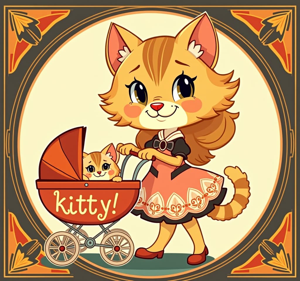  art deco style a charming cartoon style ilration depicting a cute kitten, a with a lush hairstyle in a fashionable dress, pushing a stroller with a kitten, on the stroller the inscription "kitty!" written in bright colors, a happy and expression of the muzzle, from disney artist mary blair, ideal for ren's books or posters. . geometric shapes, bold colors, luxurious, elegant, decorative, symmetrical, ornate, detailed hyperrealistic, full body, detailed clothing, highly detailed, cinematic lighting, stunningly beautiful, intricate, sharp focus, f/1. 8, 85mm, (centered image composition), (professionally color graded), ((bright soft diffused light)), volumetric fog, trending on instagram, trending on tumblr, HDR 4K, 8K