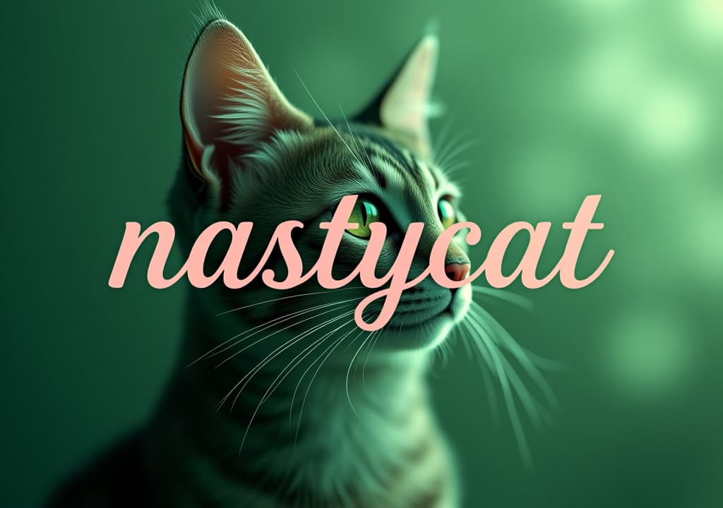  **twitter banner design with the text "nastycat" in stylish, elegant font, greenish tones, feminine and modern aesthetic, soft gradients, subtle cat themed elements, elegant and sophisticated design, smooth and clean lines, ideal for a women's twitter profilehyper detail, intricate details, sharp focus, high resolution, 8k, ultra detailed, vib