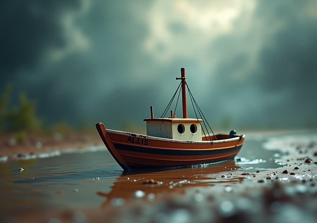  an abandoned toy boat in a muddy puddle with a swirling, stormy abstract background