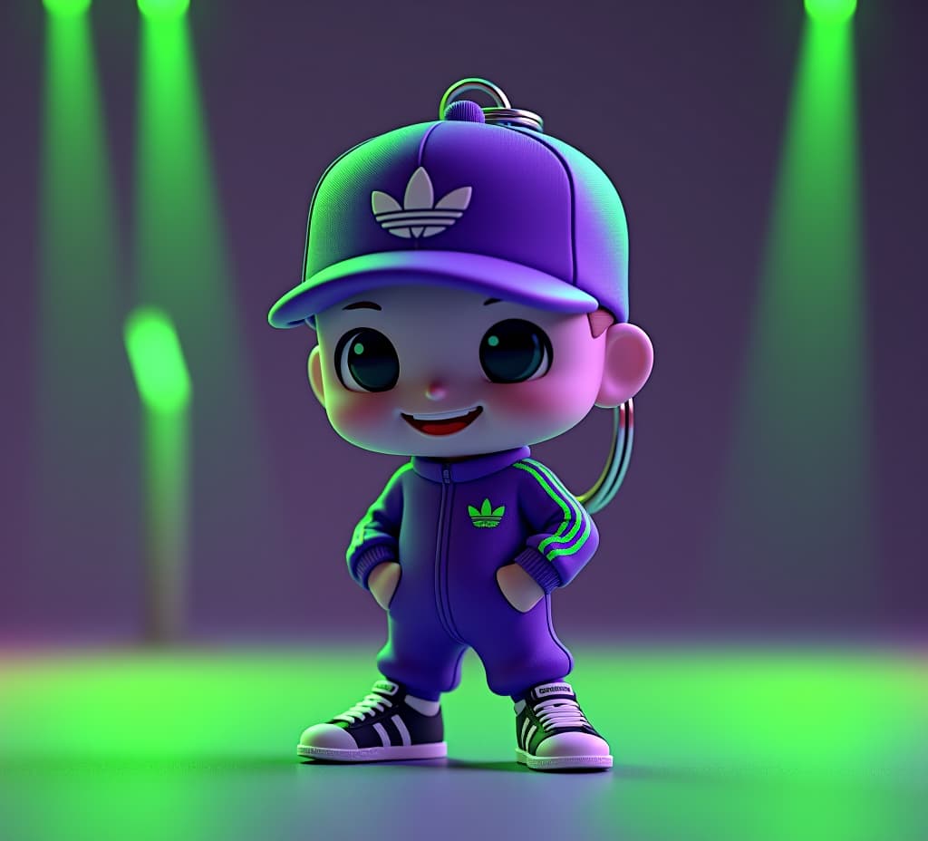  a 3d illustration of a keychain featuring a stylized chibi joker wearing purple tracking suit adidas and green stripes, wearing a gulf hat on head, trendy shoes. the keychain is in a neon green and purple lighting in studio photography. the illustration has dynamic lighting and vivid colors.