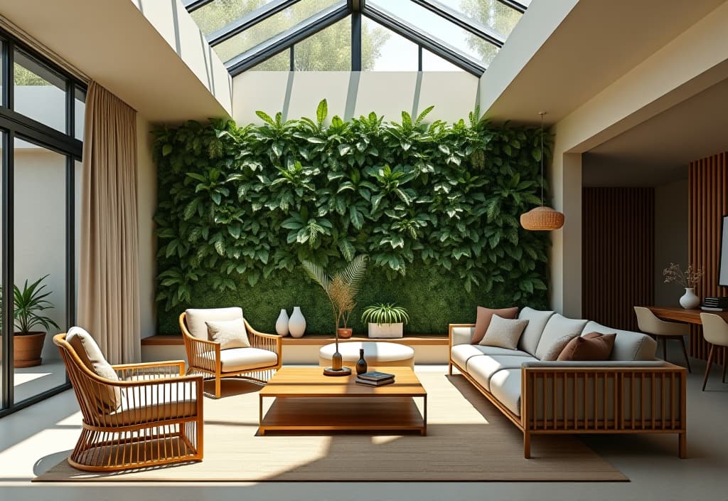  a landscape photo of a minimalist living room featuring a vertical garden wall, rattan furniture, and a large skylight allowing natural light to flood the space hyperrealistic, full body, detailed clothing, highly detailed, cinematic lighting, stunningly beautiful, intricate, sharp focus, f/1. 8, 85mm, (centered image composition), (professionally color graded), ((bright soft diffused light)), volumetric fog, trending on instagram, trending on tumblr, HDR 4K, 8K