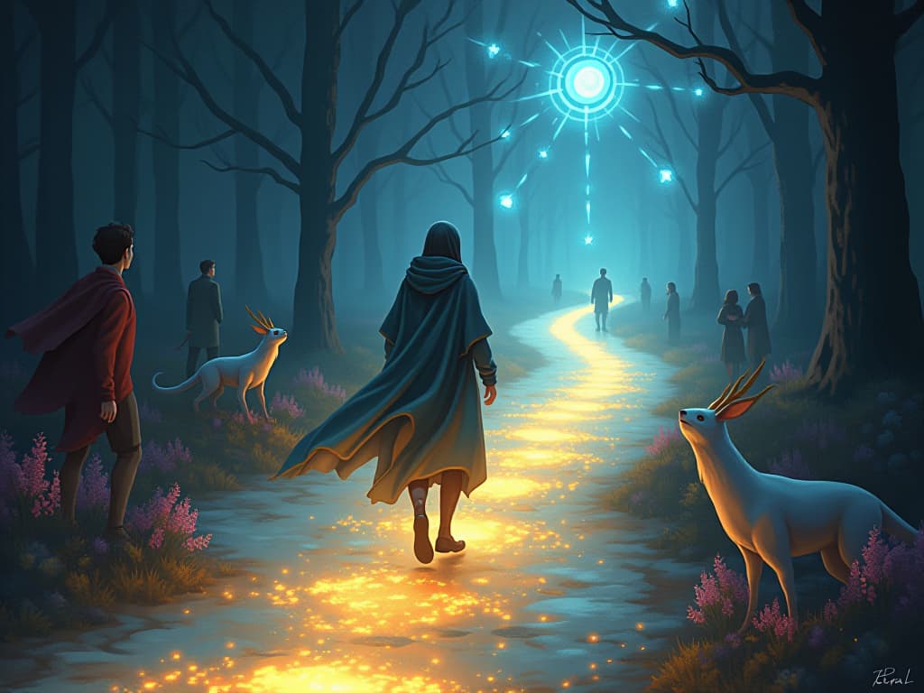  a determined figure walking a glowing path, mystical creatures and ethereal beings watch from the sides. the path is illuminated with radiant symbols, indicating a mix of acceptance and misunderstanding from others.. the style is digital art illustration,highly detailed, whimsical,magical, dreamlike atmosphere, realism and fantasy blend, smooth, glossy textures,luminous quality, wonder and enchantment.