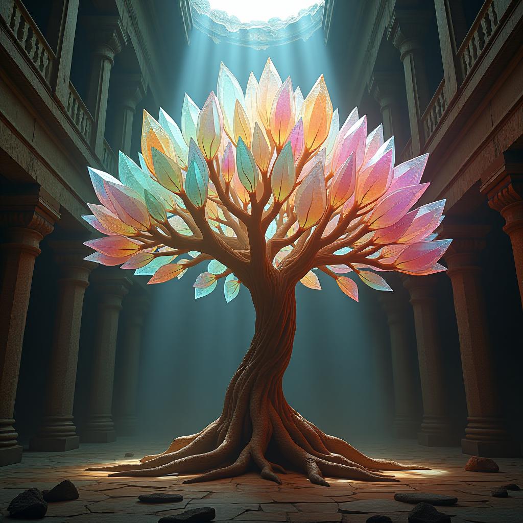  good quality, high quality, a colossal tree made of glowing, translucent crystals, standing in the middle of an ancient, abandoned temple. the roots of the tree twist and wind through cracks in the stone floor, and shafts of light pierce through the temple's broken ceiling, illuminating the crystal branches in a radiant spectrum of colors.