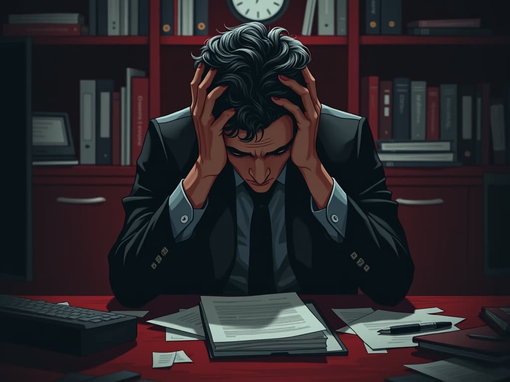  disheveled coworker in an office, head in hands, expression of disgrace, documents scattered, dim lighting, internal struggle, remorse. the style is dark fantasy and mysterious occult, symbolic, moody lighting, esoteric vibe,high detail on character design. for the color scheme emphasize blacks and reds.