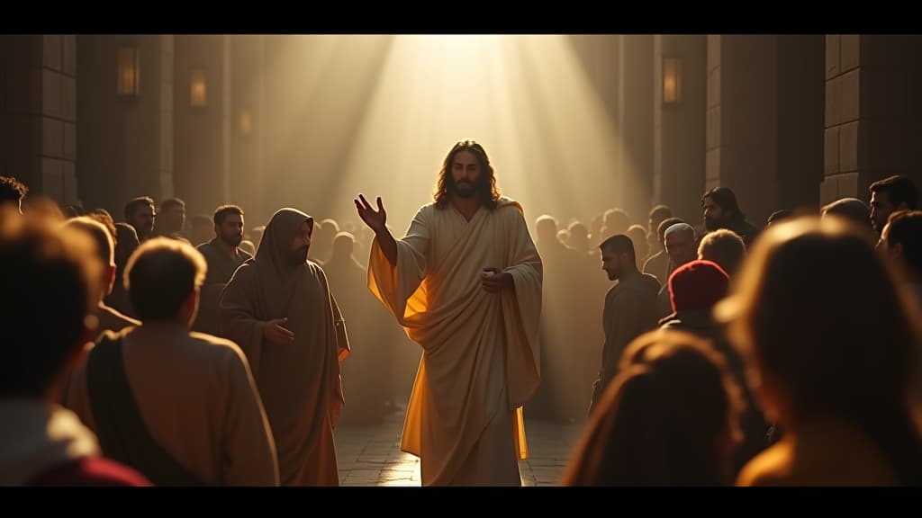  a historical scene representing jesus as a healer performing miracles in a crowded marketplace. hyperrealistic, full body, detailed clothing, highly detailed, cinematic lighting, stunningly beautiful, intricate, sharp focus, f/1. 8, 85mm, (centered image composition), (professionally color graded), ((bright soft diffused light)), volumetric fog, trending on instagram, trending on tumblr, HDR 4K, 8K