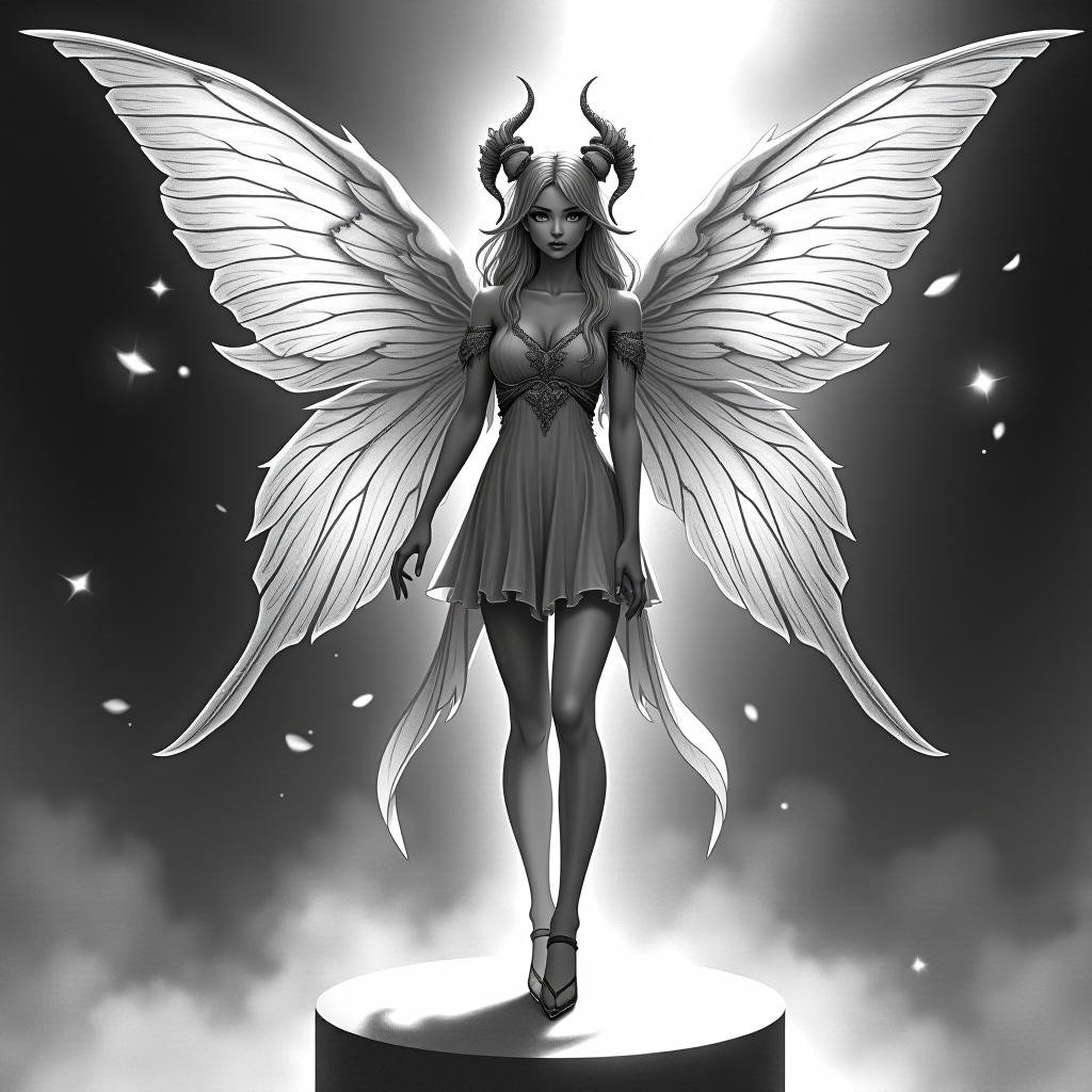  role playing game (rpg) style fantasy a black and white vector sketch of a beautiful, pionate and spicy with wings and a high quality face, a fairy is full of growth in a and model podium, a shoe in very high beds, a short dress and bows of bright hair wrapped in the contour line . detailed, vint, immersive, reminiscent of high fantasy rpg games hyperrealistic, full body, detailed clothing, highly detailed, cinematic lighting, stunningly beautiful, intricate, sharp focus, f/1. 8, 85mm, (centered image composition), (professionally color graded), ((bright soft diffused light)), volumetric fog, trending on instagram, trending on tumblr, HDR 4K, 8K