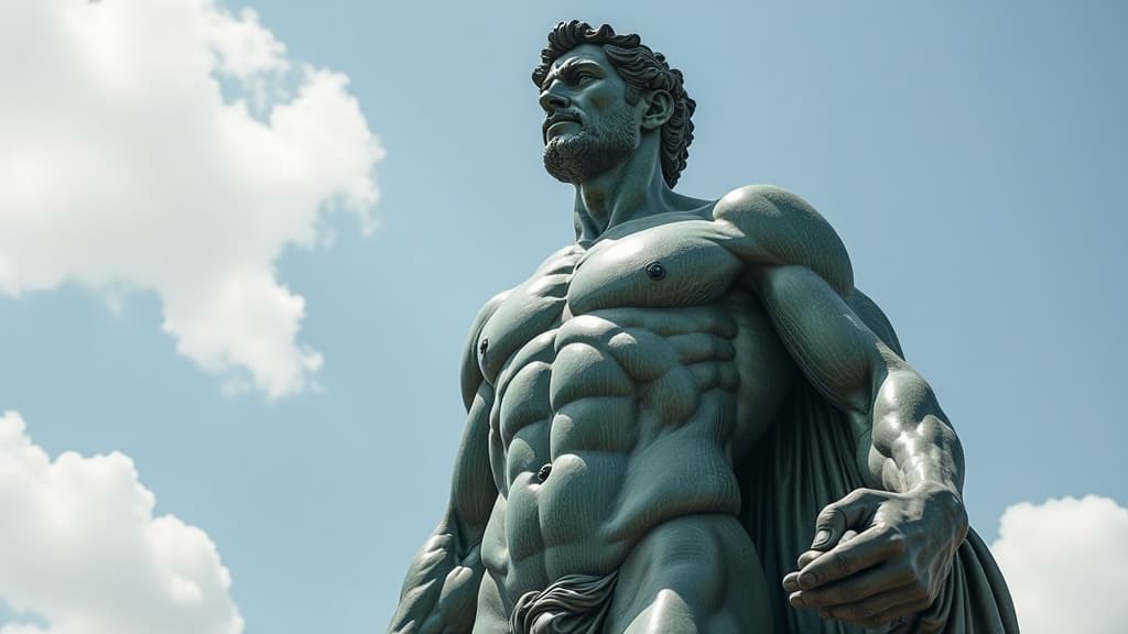  an imposing statue of iron, graceful, muscular, stoicism, statue of stoicism