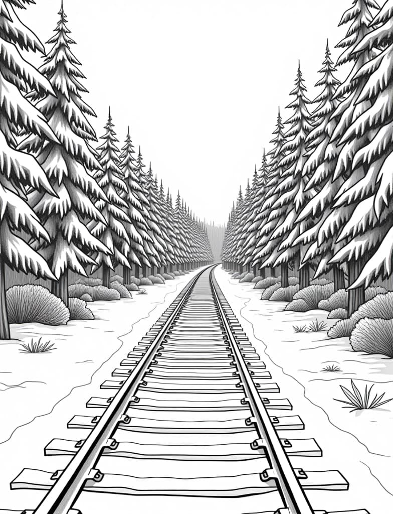  this is for an adult coloring page. a detailed black and white line art of a snowy snow covered train tracks leading through a winter forest on a solid white background.