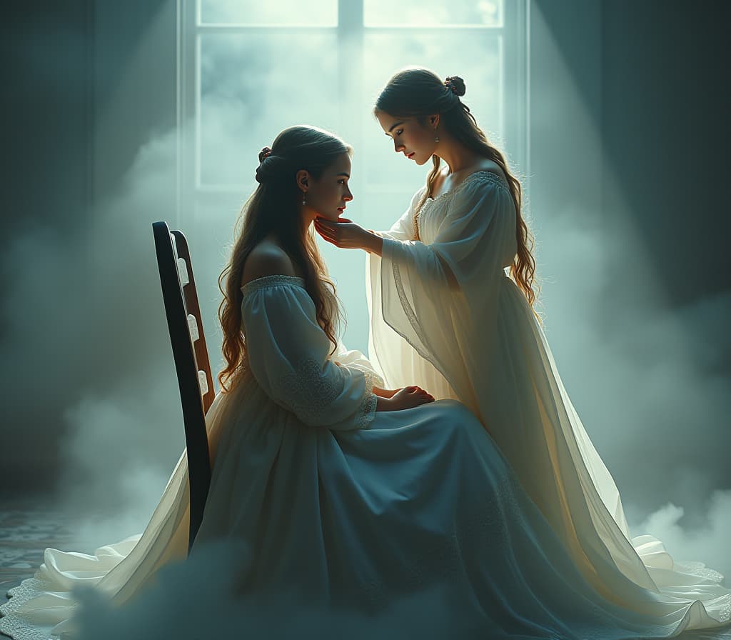  ethereal fantasy concept art of a girl is sitting on a chair and another girl is standing and braiding her hair from behind, side view . magnificent, celestial, ethereal, painterly, epic, majestic, magical, fantasy art, cover art, dreamy hyperrealistic, full body, detailed clothing, highly detailed, cinematic lighting, stunningly beautiful, intricate, sharp focus, f/1. 8, 85mm, (centered image composition), (professionally color graded), ((bright soft diffused light)), volumetric fog, trending on instagram, trending on tumblr, HDR 4K, 8K