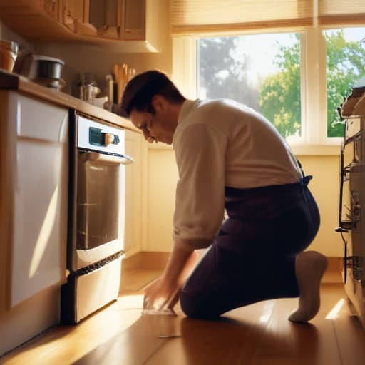 A photo of a skilled technician repairing a malfunctioning dishwasher in a cozy kitchen during the late afternoon with warm sunlight streaming through the window, casting a soft, golden glow on the scene.