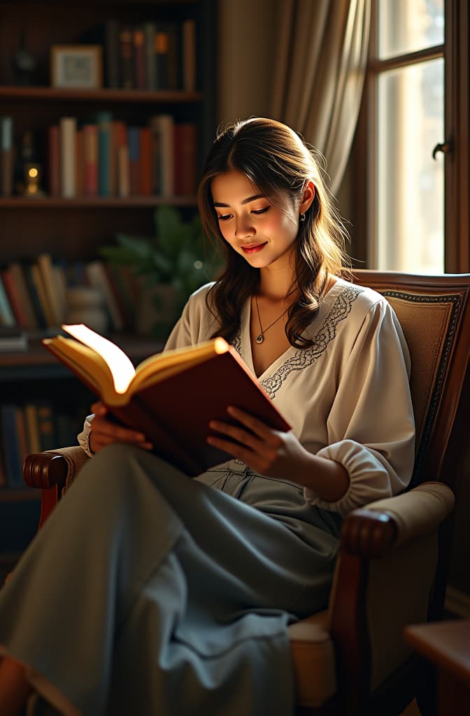  juana, sentada en un rincón de la casa, rodeada de libros viejos, leyendo con una gran sonrisa. dibujo a lapiz hyperrealistic, full body, detailed clothing, highly detailed, cinematic lighting, stunningly beautiful, intricate, sharp focus, f/1. 8, 85mm, (centered image composition), (professionally color graded), ((bright soft diffused light)), volumetric fog, trending on instagram, trending on tumblr, HDR 4K, 8K