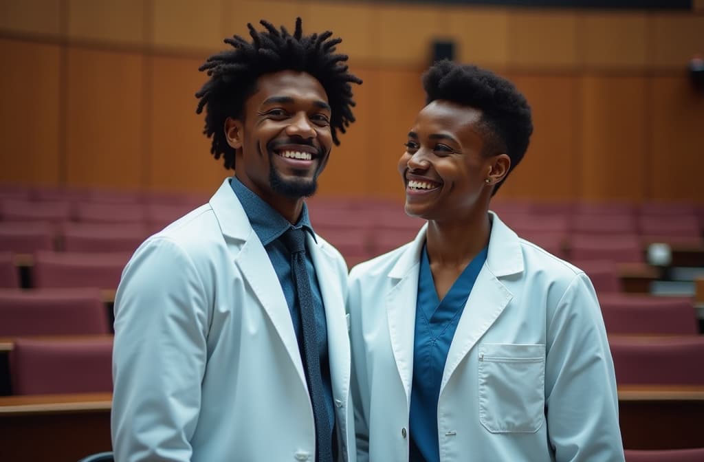  professional detailed photography, happy african american medical student and his friend after the lecture in amphitheater of the medical university ar 3:2, (muted colors, dim colors, soothing tones), (vsco:0.3)