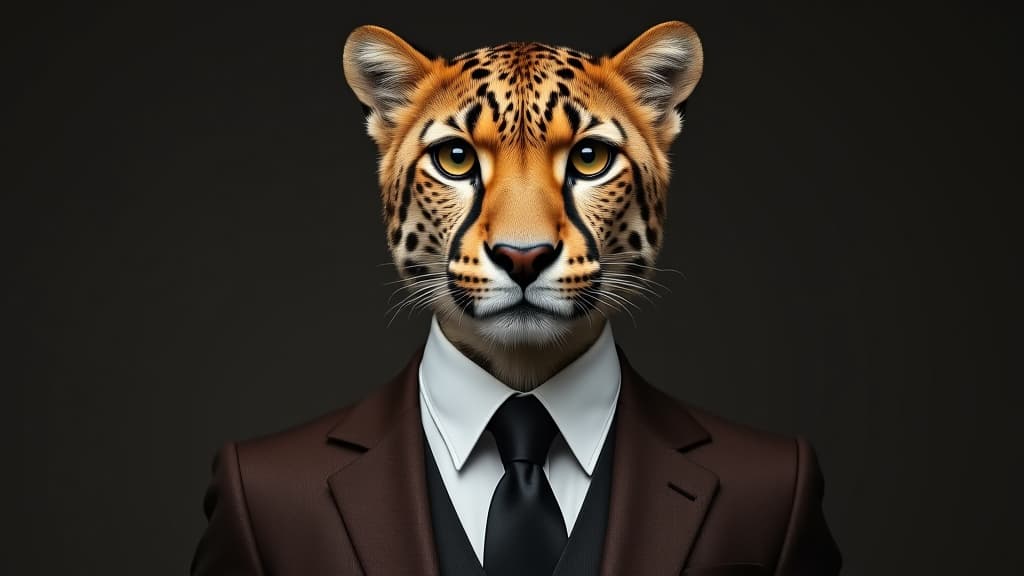  cheetah or leopard dressed in an elegant and modern suit with a nice tie. fashion portrait of an anthropomorphic animal, feline, shooted in a charismatic human attitude