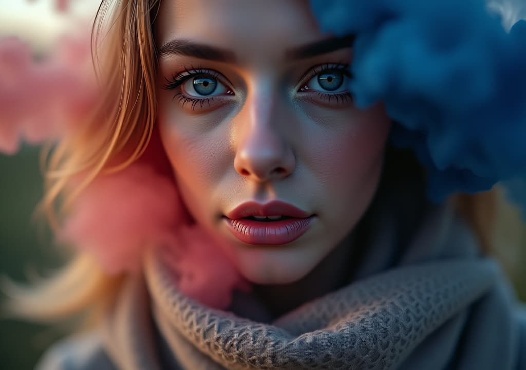  a close up of a woman's face, with her nose slightly twitching, surrounded by ethereal wisps of colorful smoke, symbolizing emotions and intuition, against a soft focus background of nature, conveying mystery and intrigue. hyperrealistic, full body, detailed clothing, highly detailed, cinematic lighting, stunningly beautiful, intricate, sharp focus, f/1. 8, 85mm, (centered image composition), (professionally color graded), ((bright soft diffused light)), volumetric fog, trending on instagram, trending on tumblr, HDR 4K, 8K