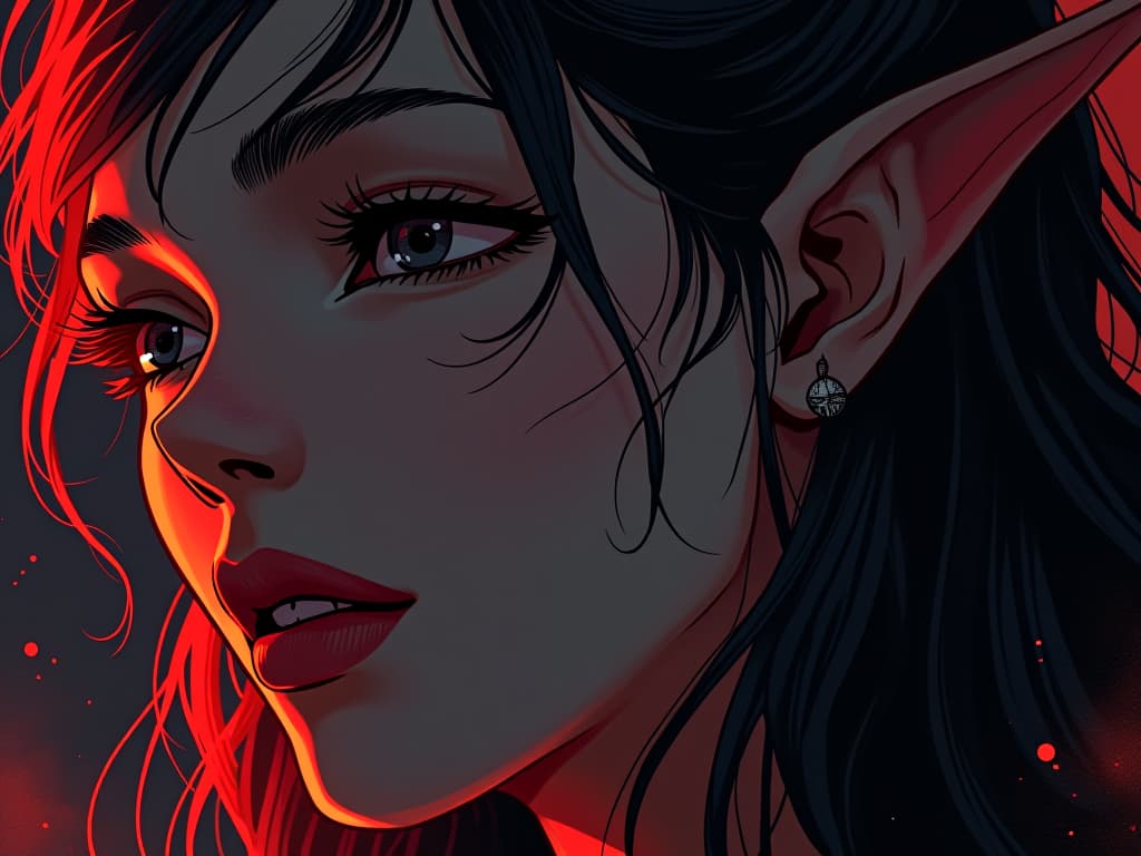  close up of face, tranquil expression, soft whisper in the ear, sense of divine guidance. the style is digital art illustration / modern comic book / graphic dark novel fantasy and mysterious occult, symbolic, moody lighting, esoteric vibe,high detail on character design. for the color scheme emphasize blacks and reds.