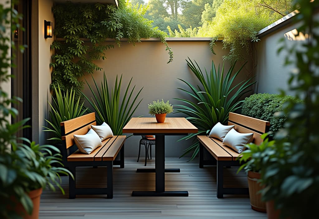  a landscape photo of a cozy patio corner featuring a sleek, wall mounted fold down table with matching benches, perfect for small spaces and surrounded by potted plants hyperrealistic, full body, detailed clothing, highly detailed, cinematic lighting, stunningly beautiful, intricate, sharp focus, f/1. 8, 85mm, (centered image composition), (professionally color graded), ((bright soft diffused light)), volumetric fog, trending on instagram, trending on tumblr, HDR 4K, 8K