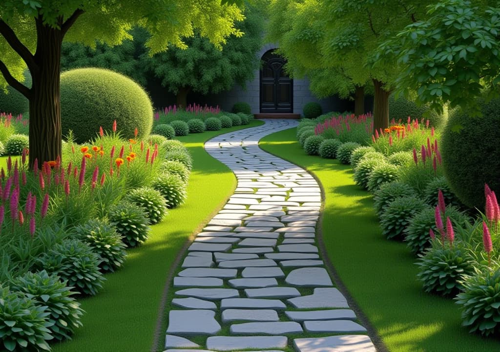  gray stone pathway winding through a lush garden, 4k hyperrealistic photo