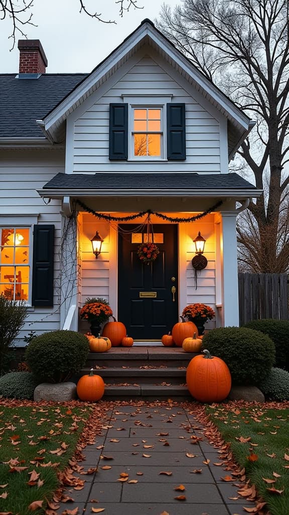  real estate photography style beautiful white house facade decorated with halloween decor, pumpkins, garlands, spider webs, skeletons ar 9:16 . professional, inviting, well lit, high resolution, property focused, commercial, highly detailed