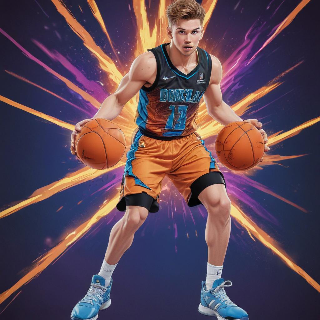 distance-shot, flashy, full-body, dynamic, holographic, animated cartoon poster of luka doncic in the style of dragon ball super