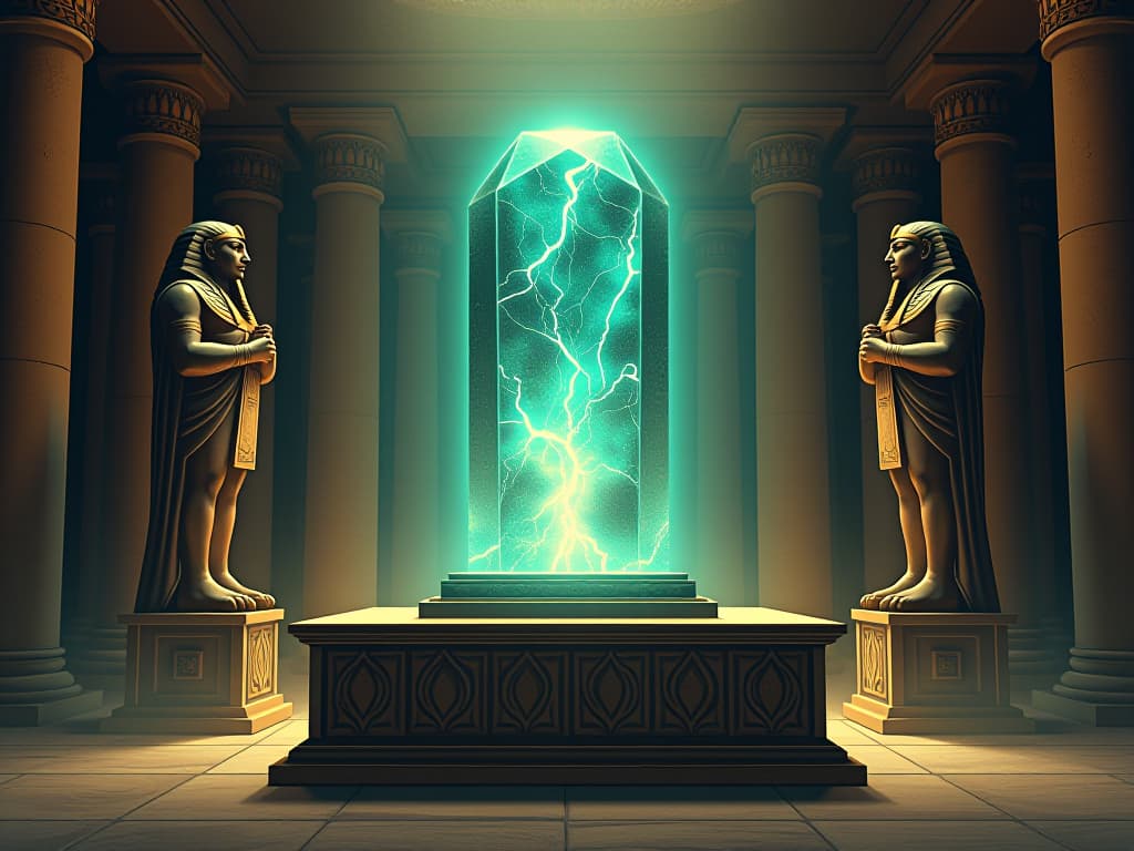  glistening benben stone, radiating ethereal light, placed on an altar in a sacred temple, guarded by two imposing statues of gods, atmosphere of divine significance. the style is digital art illustration / modern comic book / mysterious occult, symbolic, esoteric vibe,high detail on character design, incorporating ancient egyptian symbology and attire.