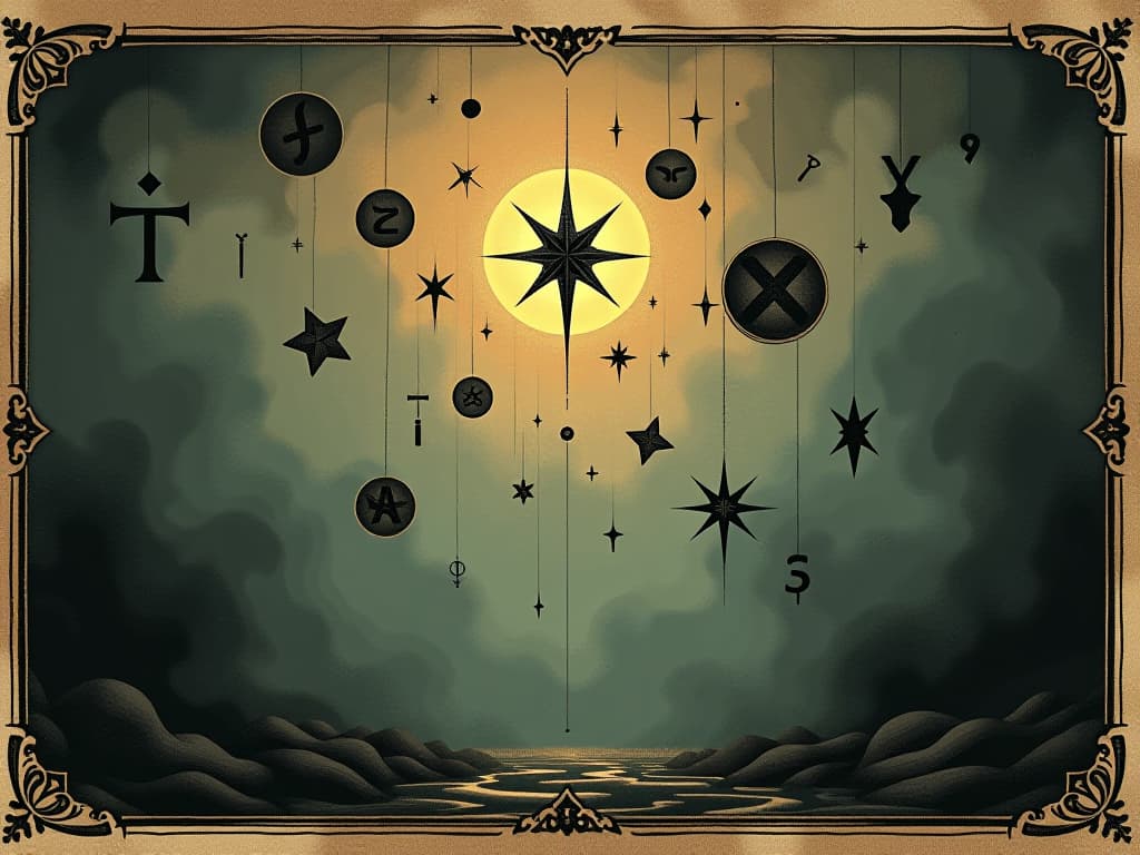  abstract, floating symbols, cryptic messages in the air, glowing runes, mystical ambiance, enigmatic mood. an illustration in the style of a worn, mystical old tarot trump card, mysterious and elements of surrealism. the colors are muted, somber and eerie, but with contrast bring out an occult and esoteric vibe.