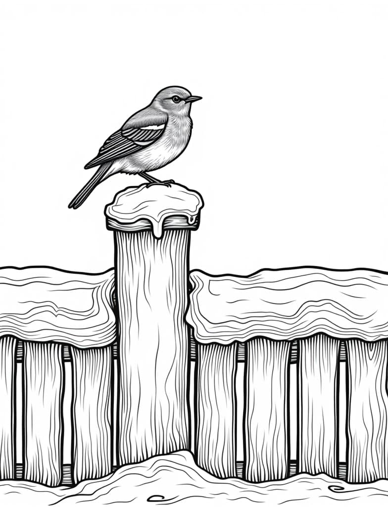  this is for an adult coloring page. a detailed black and white line art of a snowy snow covered fence with a robin perched on top on a solid white background.