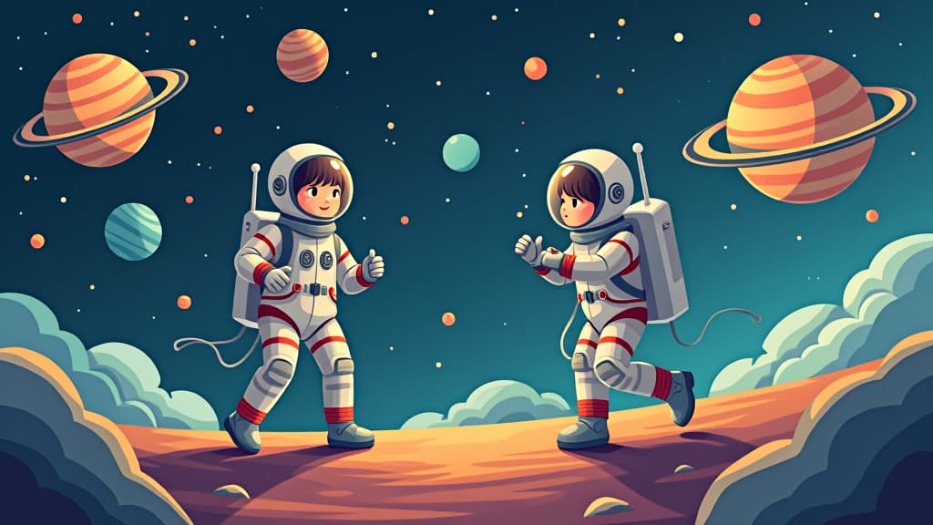  seamless space adventure with cute astronaut kids and colorful planets