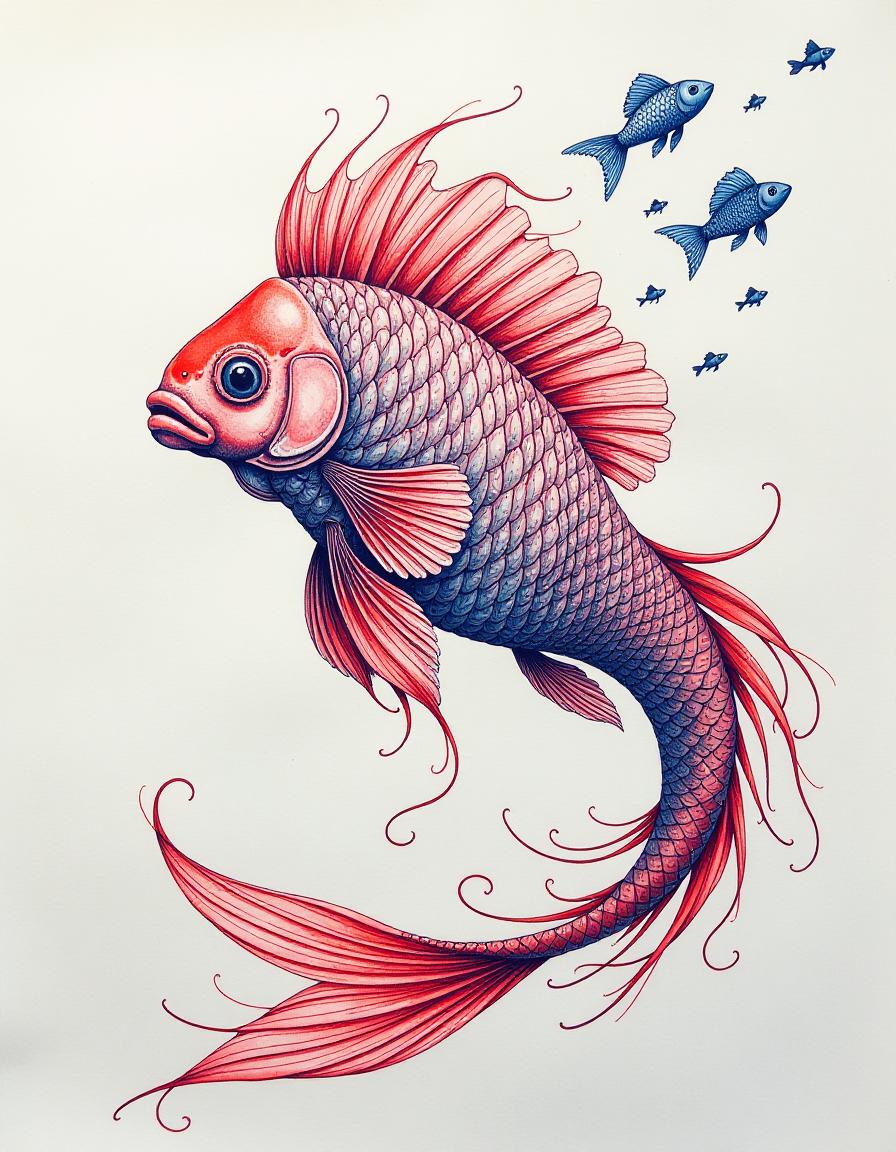  (masterpiece, hand drawn, flat ilration:1.3), surrealistic collage, (monochromatic blue ballpoint pen:1.2), whimsical red mullet, positioned in the lower left corner, (dynamic running sackariks:1.2), ly scattered in the upper right corner, enchanting zyuzyulya, captivating centerpiece, intricate details, drawing style reminiscent of notes, lined paper texture, delicate shading and cross hatching, dreamlike atmosphere, and imaginative composition, (abstract forms:1.1), blending reality and fantasy, intriguing juxtaposition, engaging visuals, exploring the boundaries of perception.