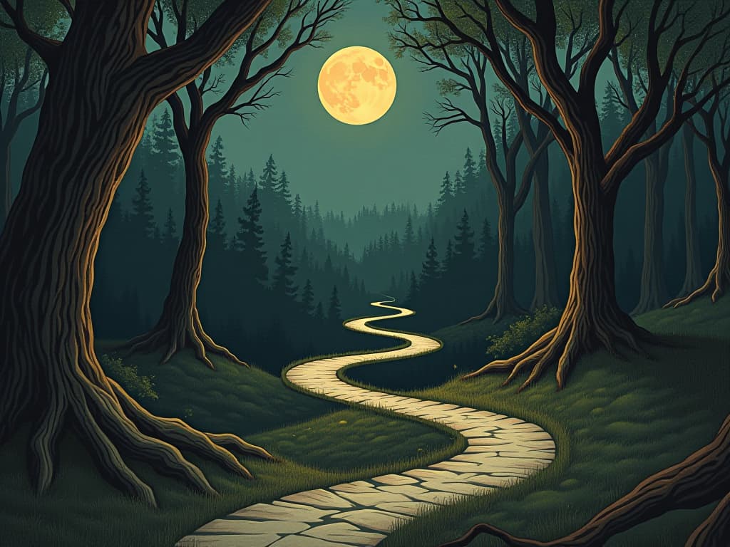  series of winding paths, some clear and others overgrown, meandering through a dense forest, moonlight filtering through the trees, serpentine, mysterious. an illustration in the style of a worn, mystical old tarot trump card, mysterious and elements of surrealism. the colors are muted, somber and eerie, but with contrast bring out an occult and esoteric vibe.