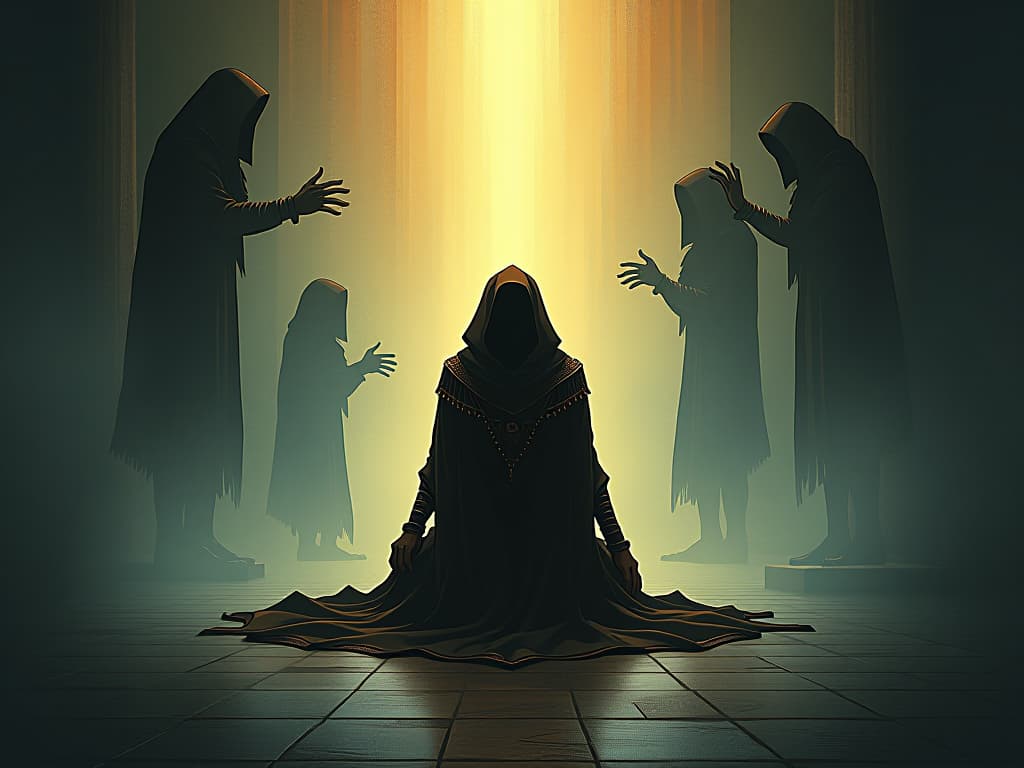  a solitary figure kneeling, surrounded by whispering shadows, each shadow reaching out tendril like, the figure's aura dimming, embodying depletion from negative interactions. the style is digital art illustration / modern comic book / mysterious occult, symbolic, esoteric vibe,high detail on character design, incorporating ancient egyptian symbology and attire.