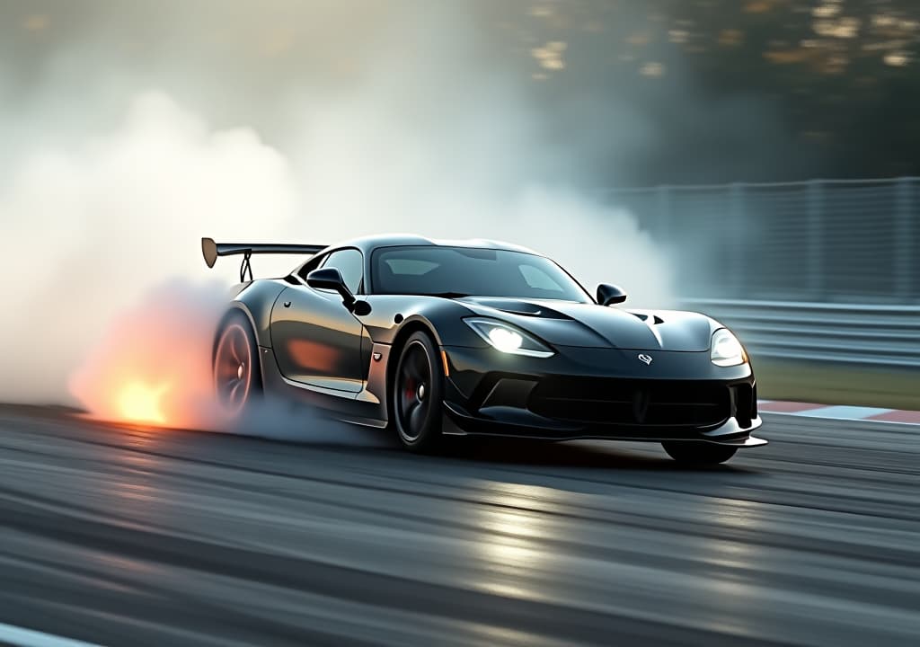  sports car burnout and drifting on the racing track with smoke and heat. high performance thrills