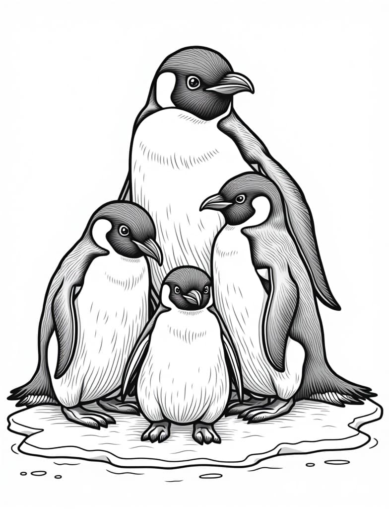  this is for an adult coloring page. a detailed black and white line art of a snowy family of penguins huddled together on an icy surface on a solid white background.