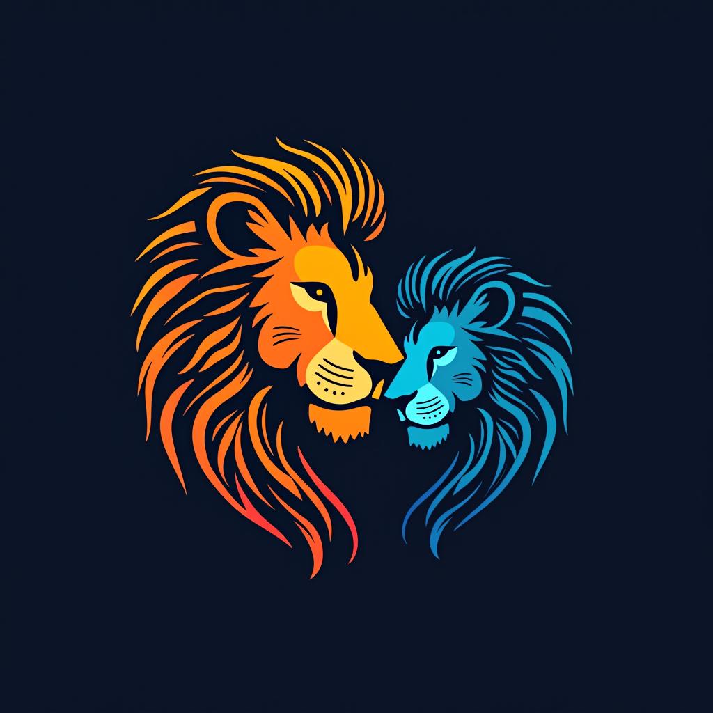  design a logo, logo d’une tête de lion et lionne côte à côte se donnant de l’affection avec des neurones autour et un fil qui va se lier à un cerveau , with the text 'la famille du lion et sa force protégeant sa famille se traduisant à ce que l’humain peut devenir s’il entraîne ses neurones '.