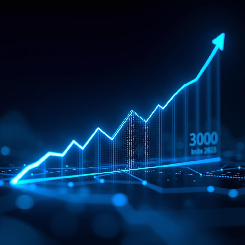  a line graph,title ssec index number starting from around 2823 to 3000. the line should show an upward trajectory, possibly reaching near 3000, reflecting the predicted growth. use a blue toned color scheme for the graph line, with glowing data points highlighting key moments of growth. a dark, sleek background to emphasize the modern and technological theme. subtle glowing elements that suggest digital data flows or neural network connections.