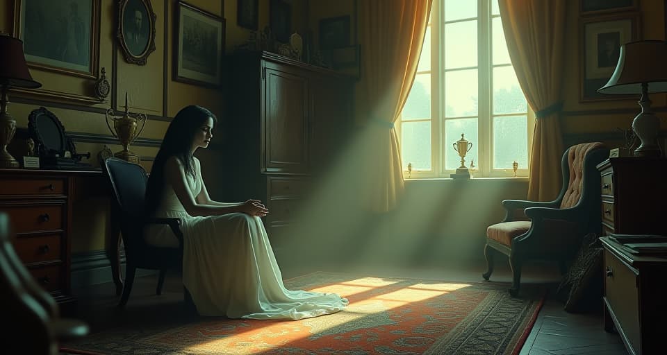  a solemn, ethereal figure seated alone in a room filled with dusty relics and old memorabilia. the soft light from a window highlights scattered mementos and trophies, emitting a mood of nostalgia and solitude.. the style is digital art illustration,highly detailed, whimsical,magical, dreamlike atmosphere, realism and fantasy blend, smooth, glossy textures,luminous quality, wonder and enchantment.