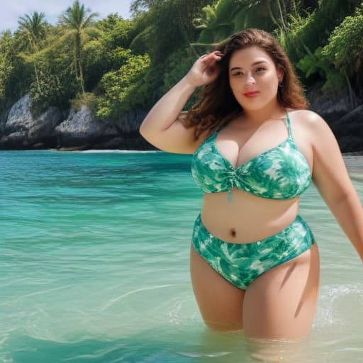 Generate a fat woman in bikini swiming in beautiful Islands