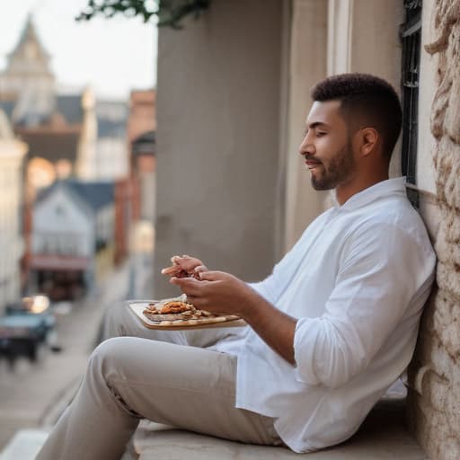 Take a break and enjoy a moment of tranquility like this man sitting on a ledge with a delicious plate of food 🍽️ #PeacefulMoments #FoodieLife #RelaxAndUnwind