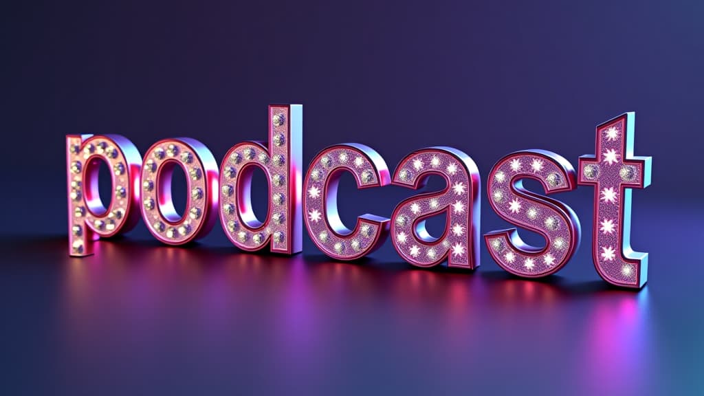  3d rendered "podcast" word with iridescent finish and crystal decorations