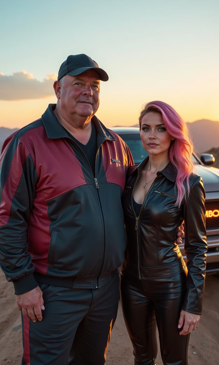  photo of the avatar, the top of the mountain, the sunset. a large man of 40 years, with a stomach, bald, in a baseball cap, in a tracksuit and a tall girl of 30 years with pink blue hair in a leather suit stand in front of a powerful sports suv dodge, which is painted and tuned in the style of mad max, look at the camera, front view, close up, clear facial features