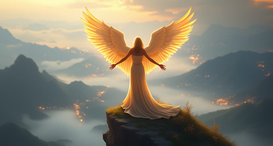  a serene angel with glowing wings, standing on a cliffside, overlooking an ethereal valley. her posture is open and inviting, symbolizing sharing one's truth and story with strength and confidence.. the style is digital art illustration,highly detailed, whimsical,magical, dreamlike atmosphere, realism and fantasy blend, smooth, glossy textures,luminous quality, wonder and enchantment.