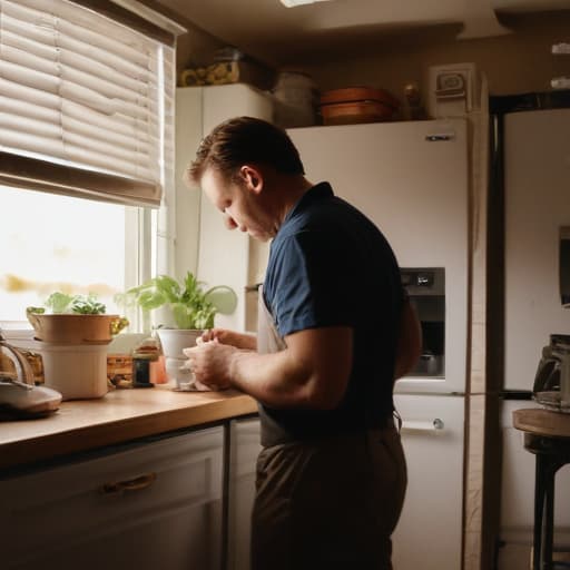 A photo of a skilled technician working meticulously on fixing a refrigerator in a cozy and cluttered kitchen during the late afternoon, under soft ambient lighting filtering through the window blinds, casting gentle shadows on the vibrant appliances and tools scattered around.