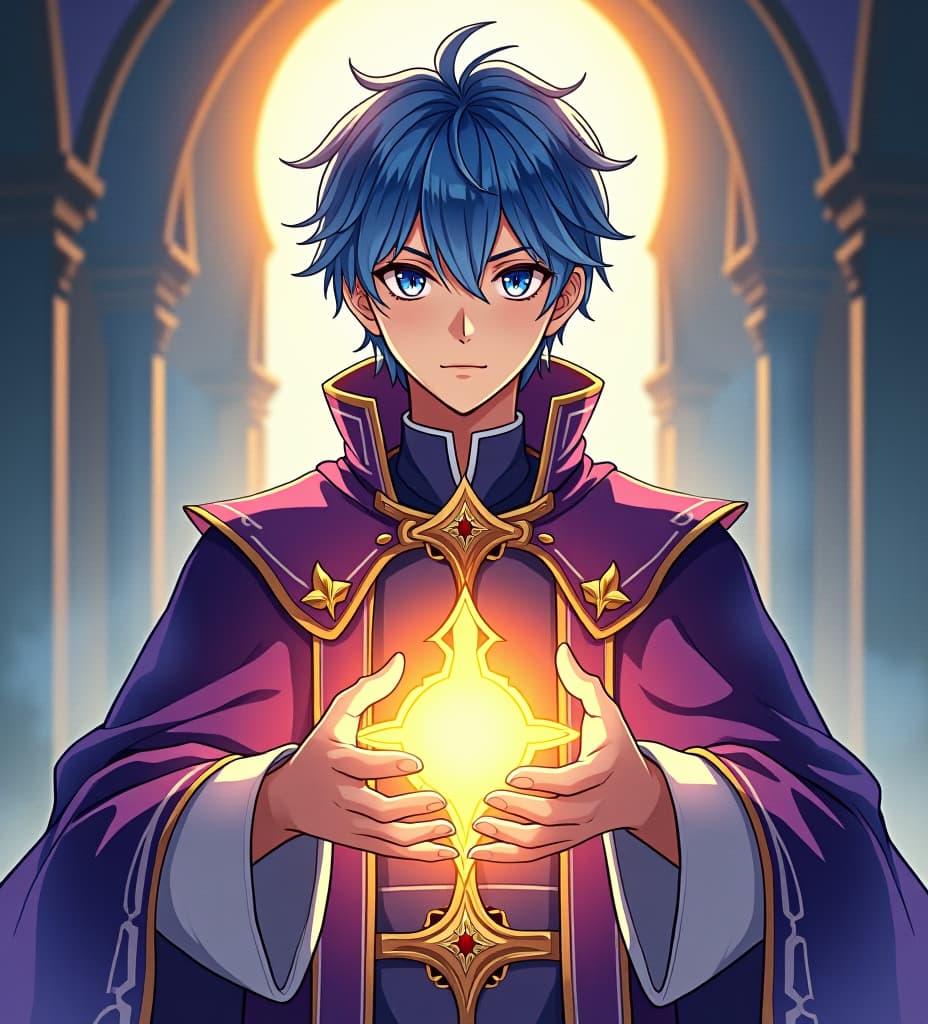  anime, anime sytle, anime image, cartoon, real cartoon, real anime, a captivating watercolor light novel cover tittled with the text “the sole paragon by noan knight" in golden letters in the middle. the central figure is a handsome young priest with blue hair and blue eyes, wearing a stunning purple and golden priestly robe. he gazes intensely at the viewer, his hands illuminated by a golden halo of light. the background is an cathedral reminiscent of a manhwa or anime poster.