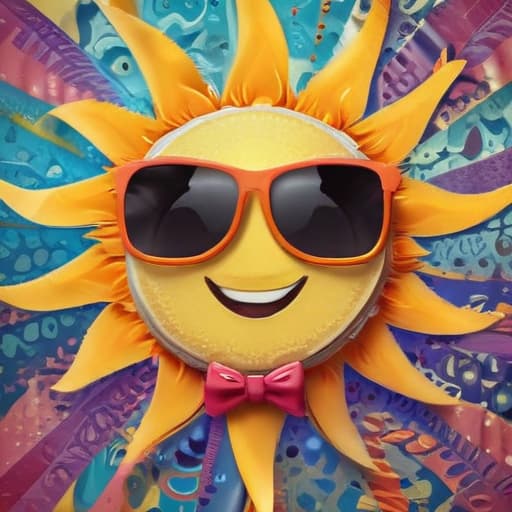 A happy sun with stylized sunglasses and a bowtie against a backdrop of abstract patterns.