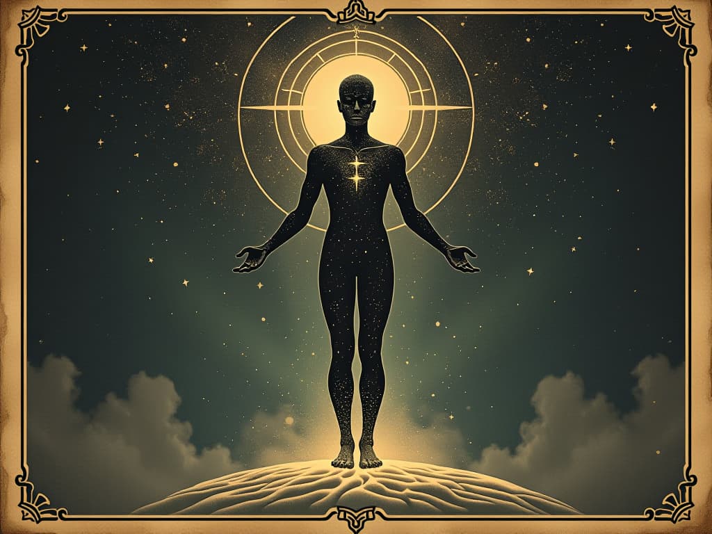  a human form made of stardust, standing in a meditative pose, surrounded by astral light, cosmic alignment, body as vessel for eternal essence, multidimensional. an illustration in the style of a worn, mystical old tarot trump card, mysterious and elements of surrealism. the colors are muted, somber and eerie, but with contrast bring out an occult and esoteric vibe.